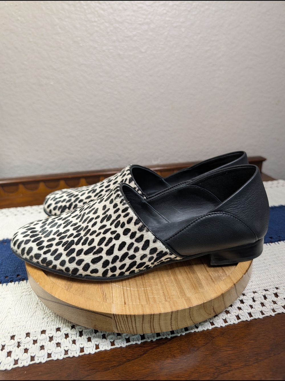 Clarks Pure Tone Black Leather & Animal Hair White Leopard Print Slip-On Loafers